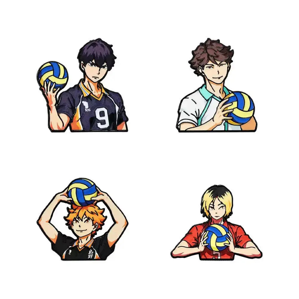 Four anime-style volleyball enamel pins with colorful blue and yellow volleyballs for coats and lapels gift set