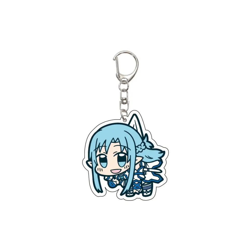 A 55mm blue-haired anime character acrylic keychain with silver metal clip and chain from Sword Art Online