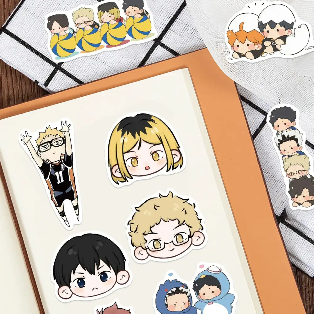 High quality 56pcs volleyball boy graffiti sticker set with vibrant yellow black and white chibi anime designs on cream backing