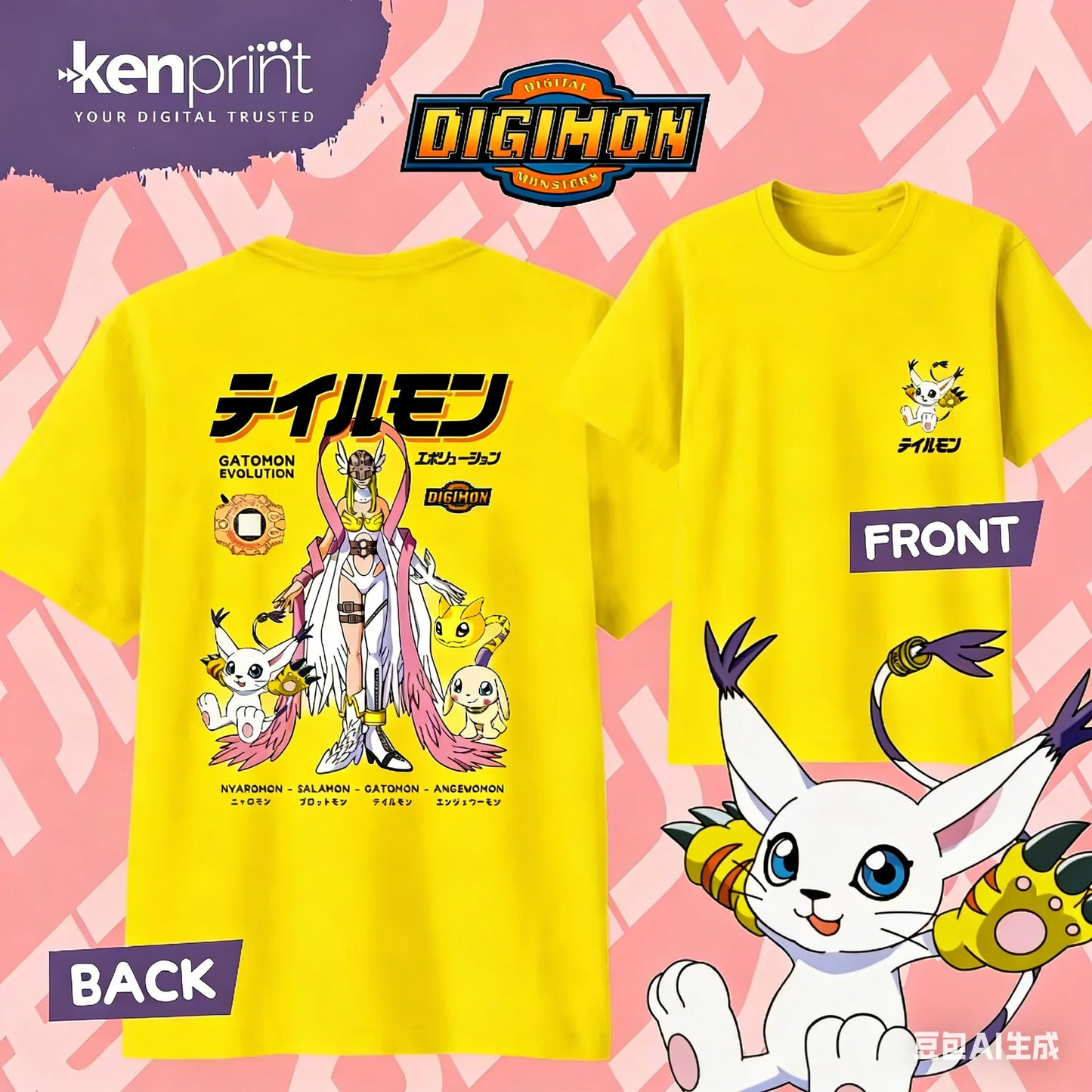 2026 Summer Anime Digimon Gatomon Evolution Printed Cotton T-shirt Kids/Men's/Women's Harajuku Clothing Fashion Casual T-shirt