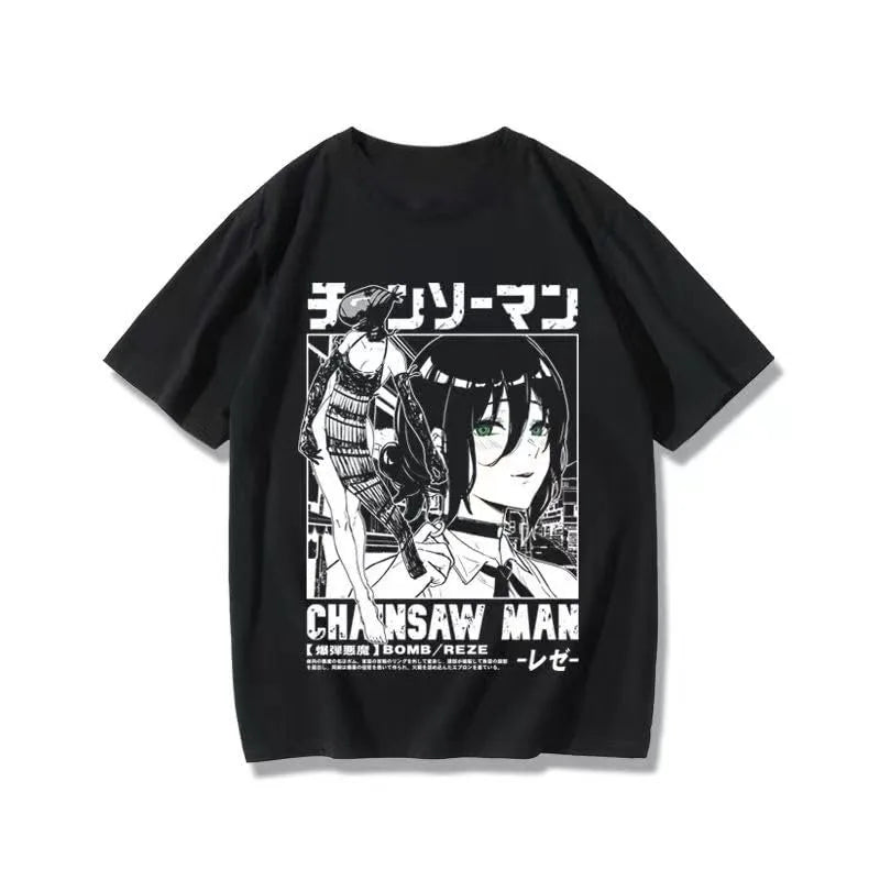 Summer Men's T-shirts Japanese Anime Chainsaw Man Reze Graphic Clothing Harajuku Y2K Half-sleeve Women’s Oversize Cotton Tops