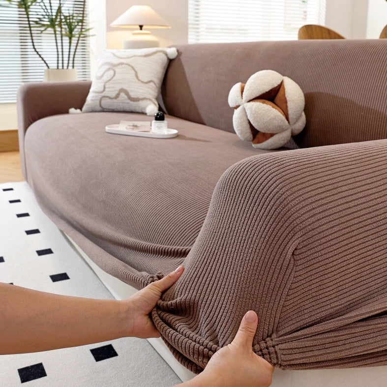 Solid color sofa cover with elastic band design, removable and machine washable, high elasticity, full coverage dust cover