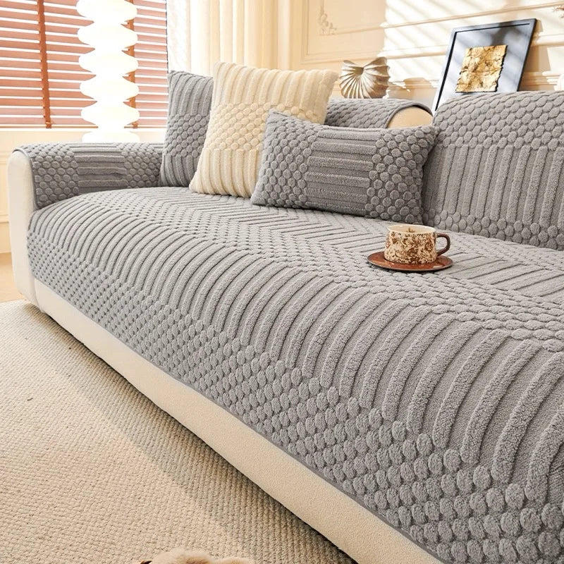 Thicken Warm Geometric Jacquard Fleece Anti-Slip Sofa Cover for Living Room Couch Seat Cover Warm Solid Tuffed Fleece Sofa Towel