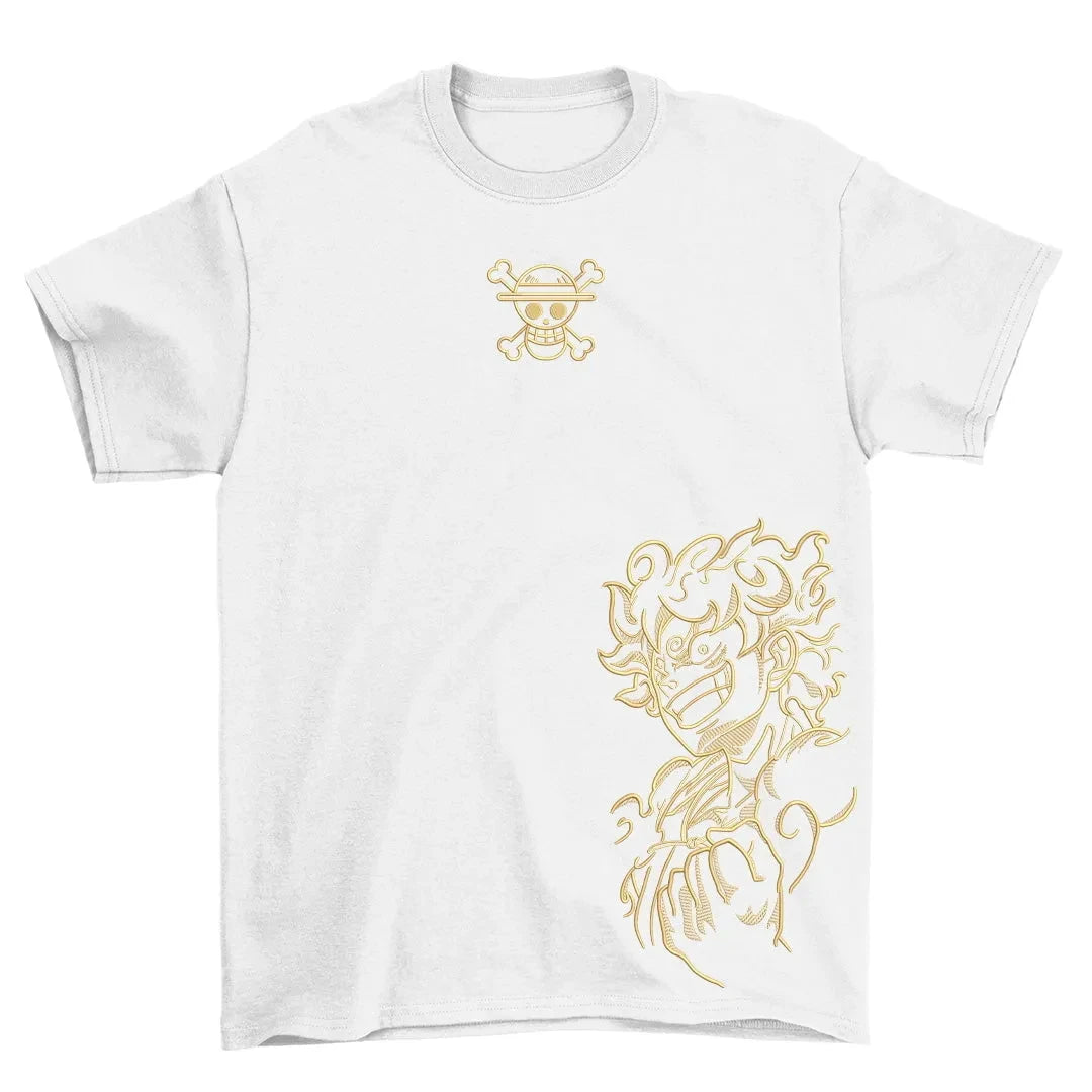 New Year Hot Sale One Piece Anime T-shirt with Luffy Zoro Skull Pirate Logo Gold Thread Art Print Round Neck Summer Fashion