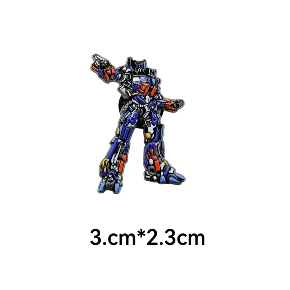 Anime character enamel brooch pin featuring a vibrant blue and orange optimus prime with metallic silver accents