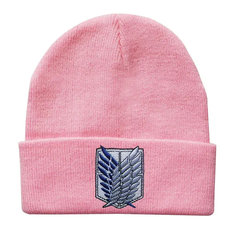 Pink knit acrylic blend cosplay beanie with embroidered survey corps emblem one-size fit 55–60cm winter hat