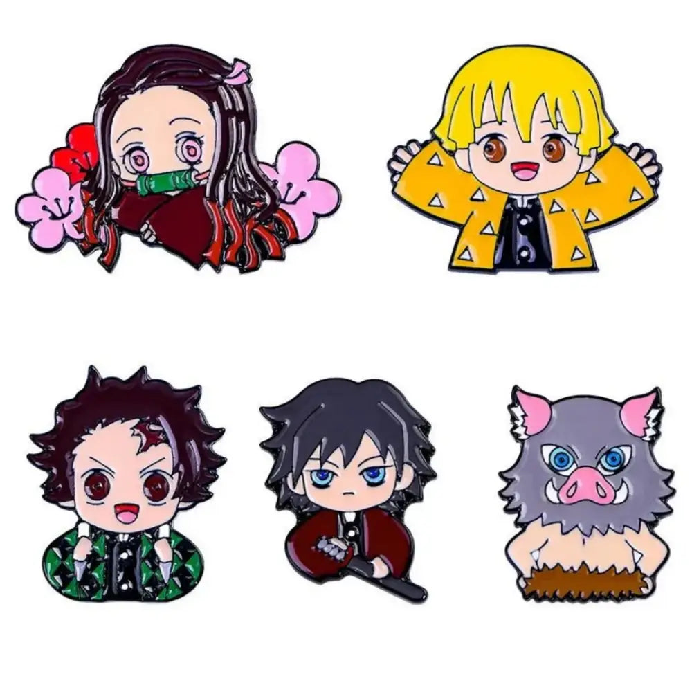 Chibi demon slayer anime enamel brooch set with colorful characters including girl with green flowers and gray boar badge