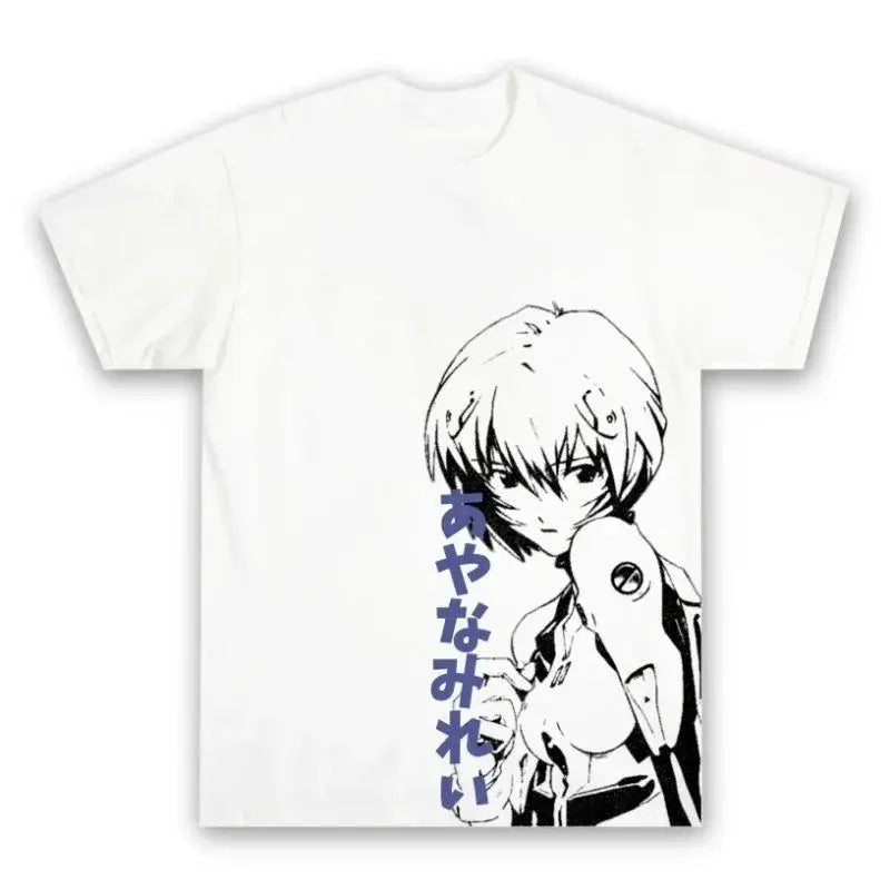 White cotton unisex tee featuring a black-and-white anime character with vertical purple japanese text retro streetwear