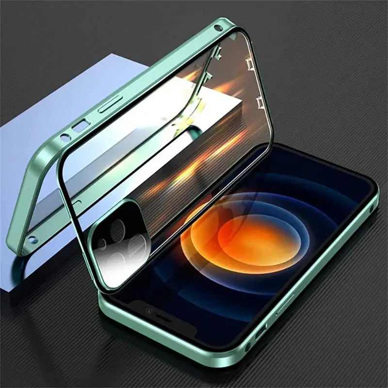 A sleek mint green magnetic glass phone case with transparent back panel and metallic frame showing the back side
