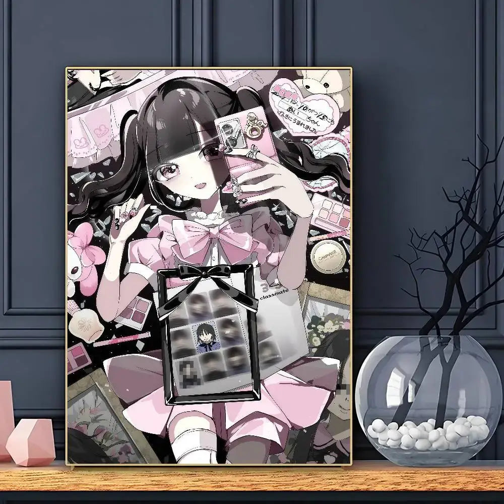 A framed anime j-jirai kei poster featuring a girl in pink holding a phone surrounded by makeup and plush toys wall art