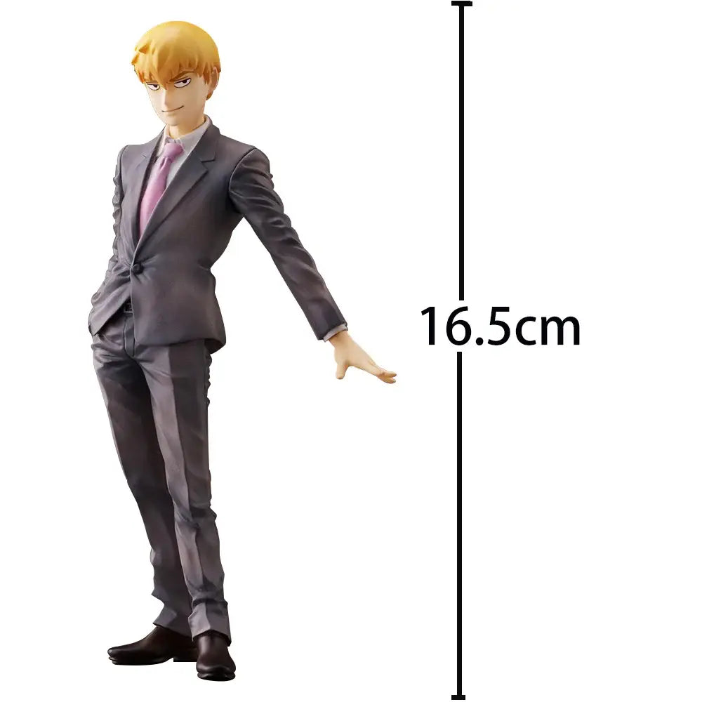 A 16.5cm tall pvc reigen arataka figurine with blonde hair in a gray suit and pink tie for desktop ornaments