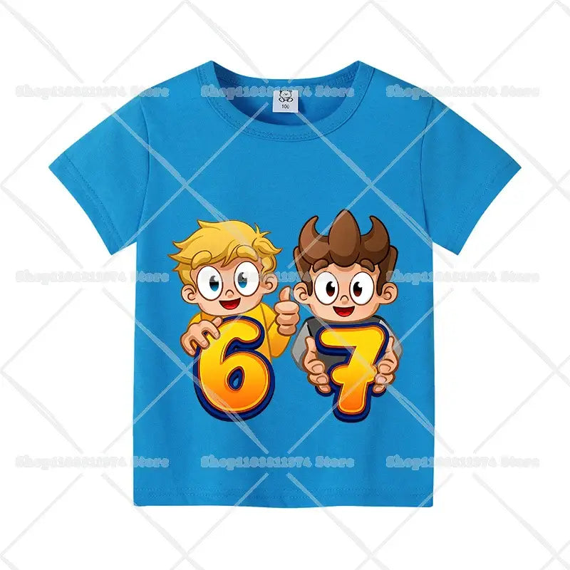 Bright blue cotton short-sleeved anime kids t-shirt with two cartoon characters holding numbers six and seven