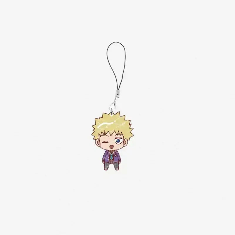 Chibi style mob psycho acrylic mobile phone charm with spiky blonde hair blue eyes and purple jacket keychain gift