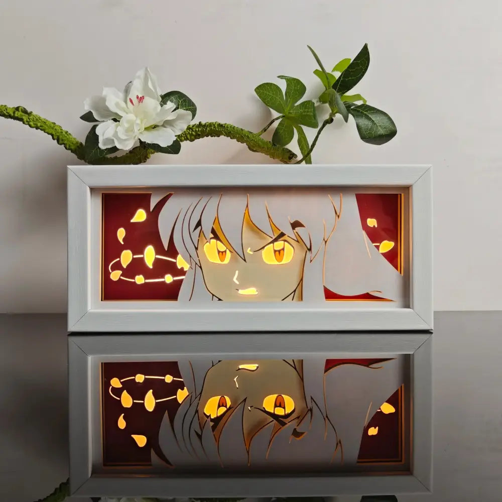 Anime paper-cut led light box with white frame silver hair and glowing yellow eyes against red background with 7-color remote