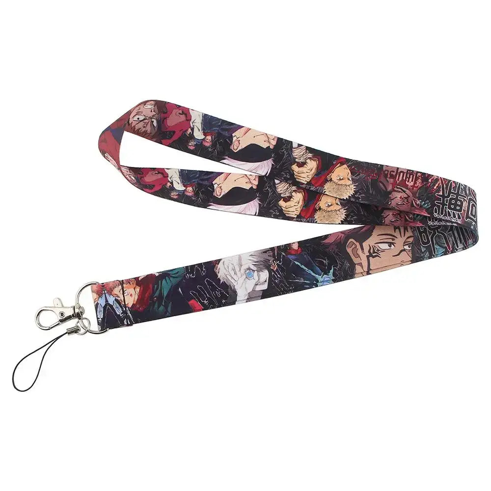 Black neck strap lanyard featuring a vibrant anime character collage with red and white accents for id cards