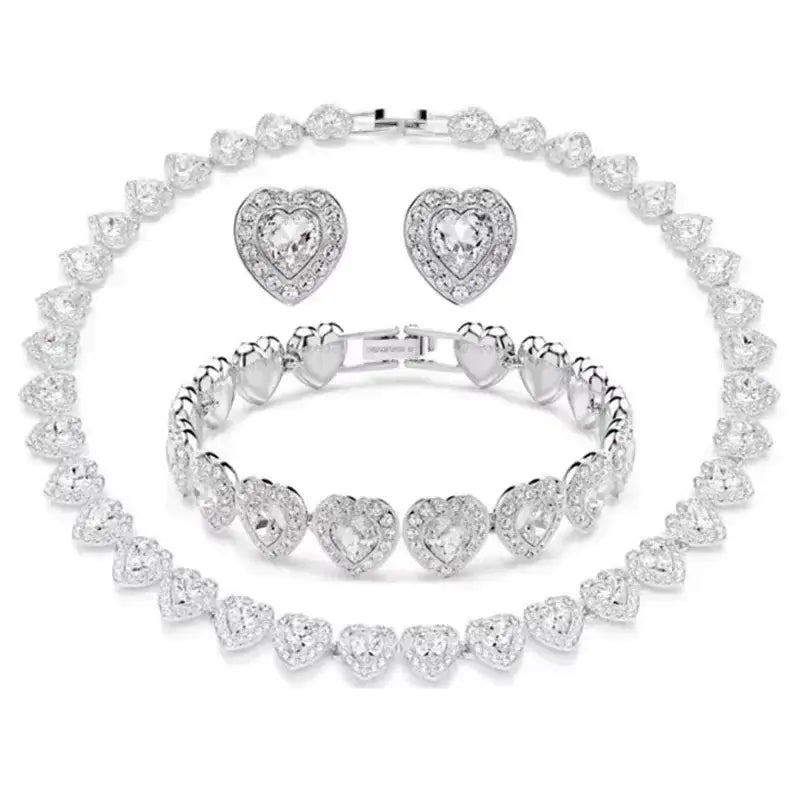Silver heart-shaped anime tennis necklace in 925 sterling silver with clear crystals and intricate metalwork
