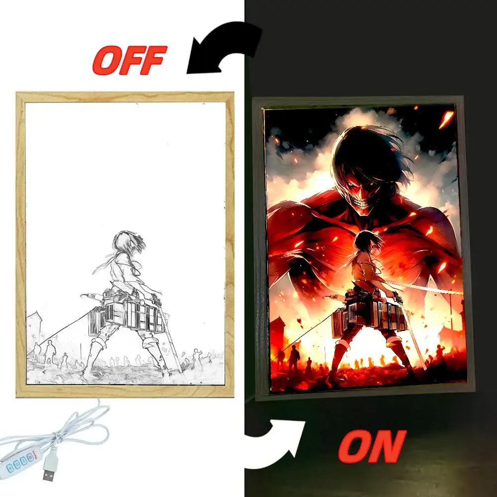 Attack on titan levi and mikasa led photo frame light glowing in red and orange hues as vibrant led photo frame decor