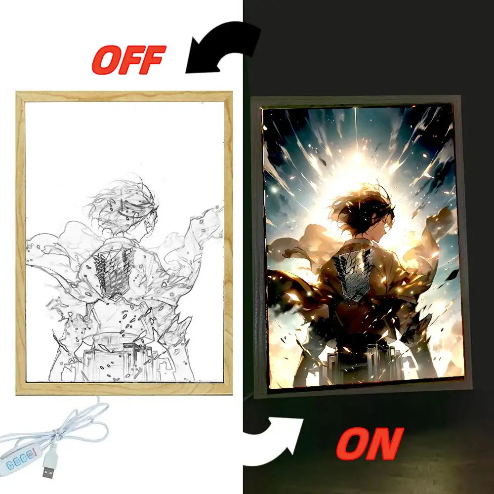 Attack on titan levi and mikasa light painting frame wall decor with led backlit anime character poster in black frame