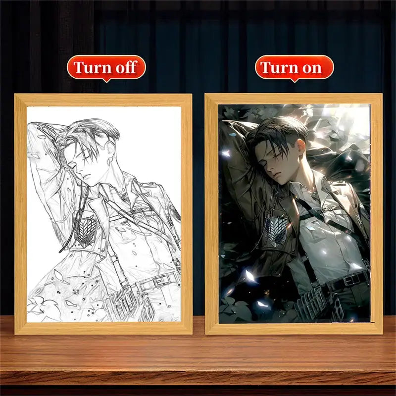 Wooden-framed attack on titan moon lamp featuring black-and-white line art and vibrant colored anime character illustration