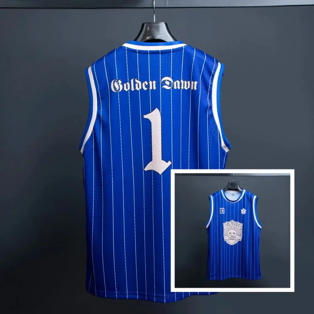 Blue pinstripe basketball jersey with white number one and skull emblem breathable quick dry soft athleisure vest