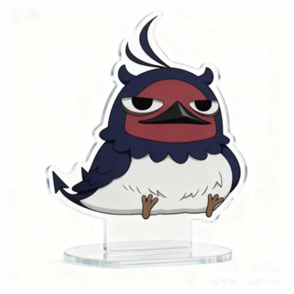 Clear acrylic black clover asta acrylic stand featuring a 10cm chibi figure of a cartoon bird with dark blue feathers red face and white belly