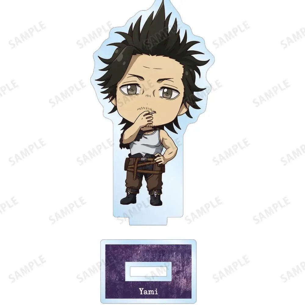 Black clover asta chibi acrylic standee featuring yami with spiky black hair in white tank top and brown pants acrylic display