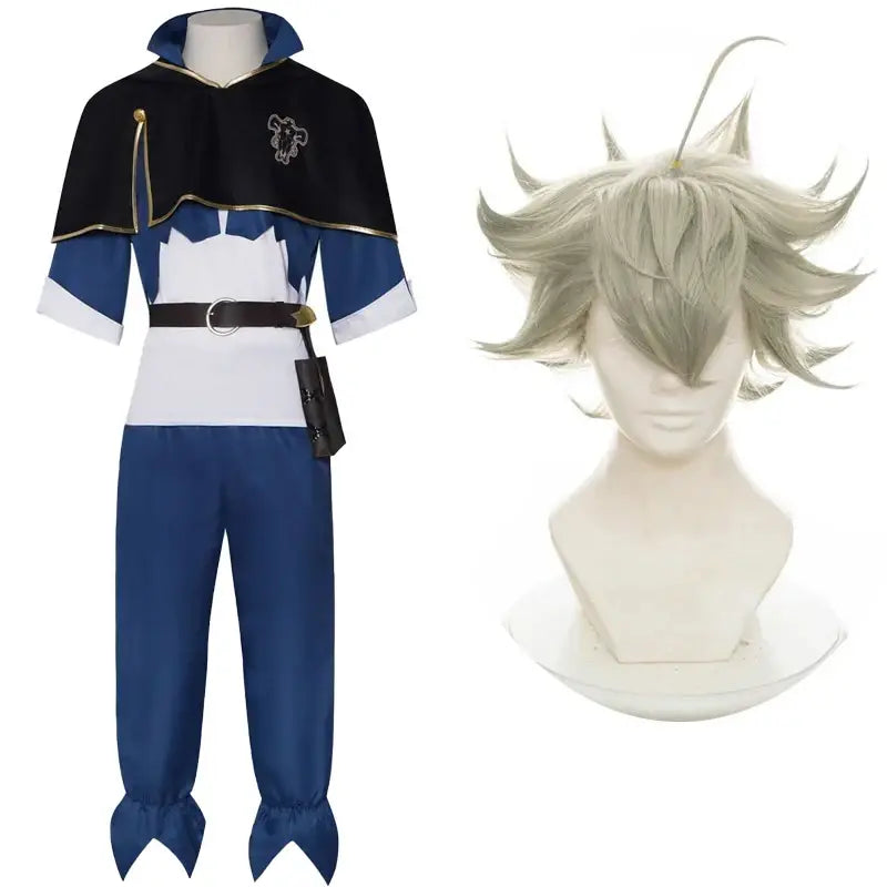 Blue and white black clover asta cosplay costume with magic knight cloak black cape and silver emblem with gray wig