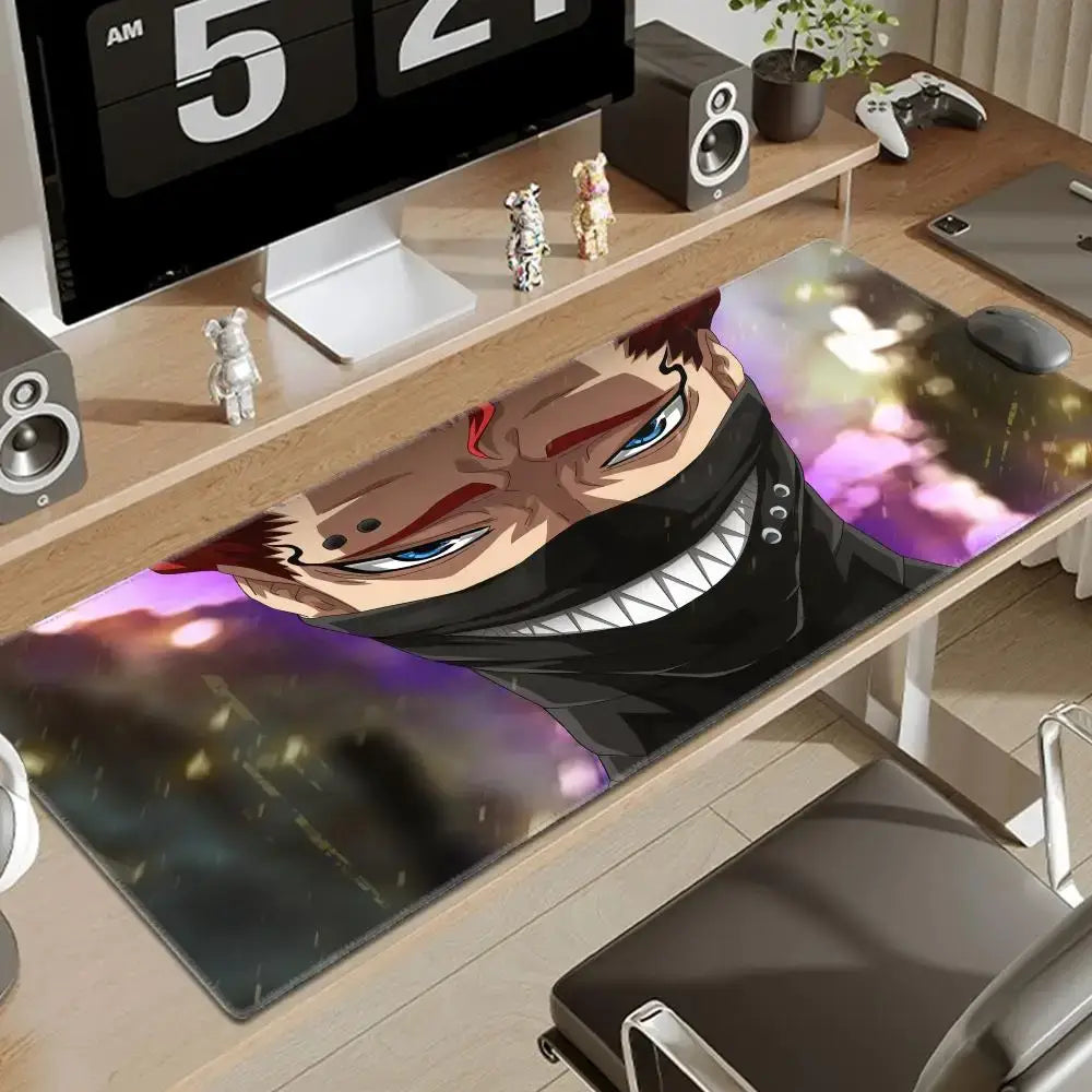 Black clover asta gaming desk mat featuring vibrant red-haired anime character with blue eyes and black mask