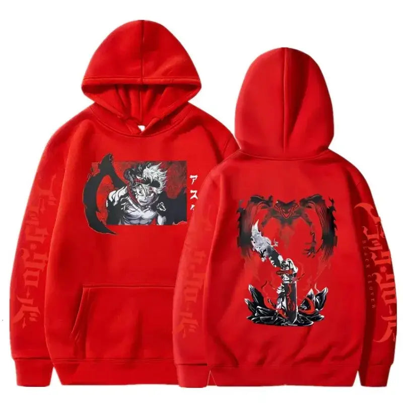 Plus size black clover asta oversized hoodie in red cotton with anime graphic front and sword-wielding figure flames back view