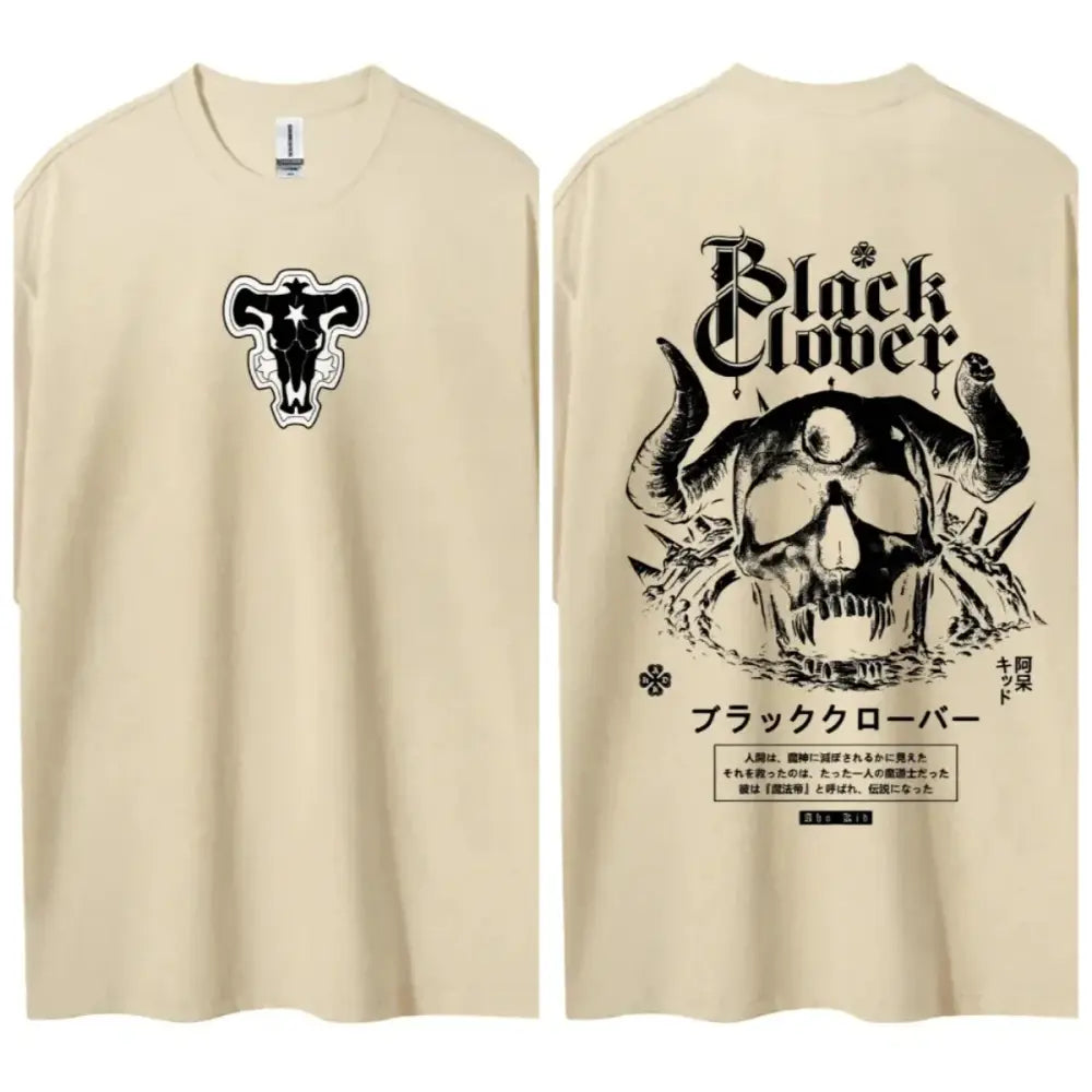 Beige pure cotton black clover round neck t-shirt with black and white anime graphics on front and back