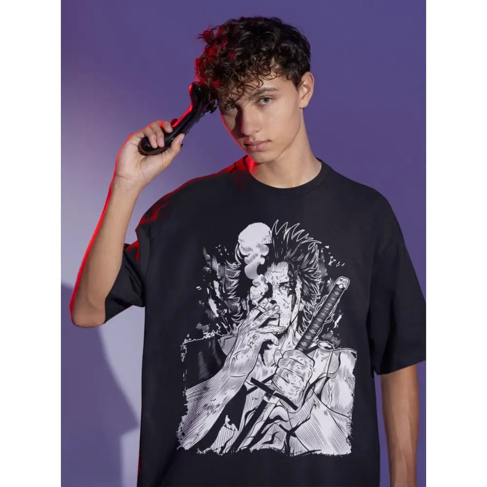 Black graphic tee featuring bold white ink anime illustration of clover yami sukehiro with sword and smoking, all size