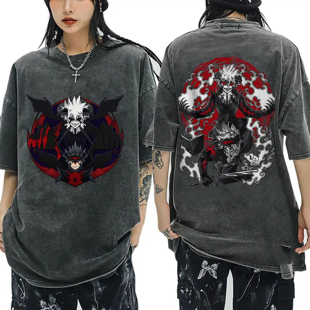 Black clover yami sukehiro black distressed graphic tee with red and white anime characters on a dark background