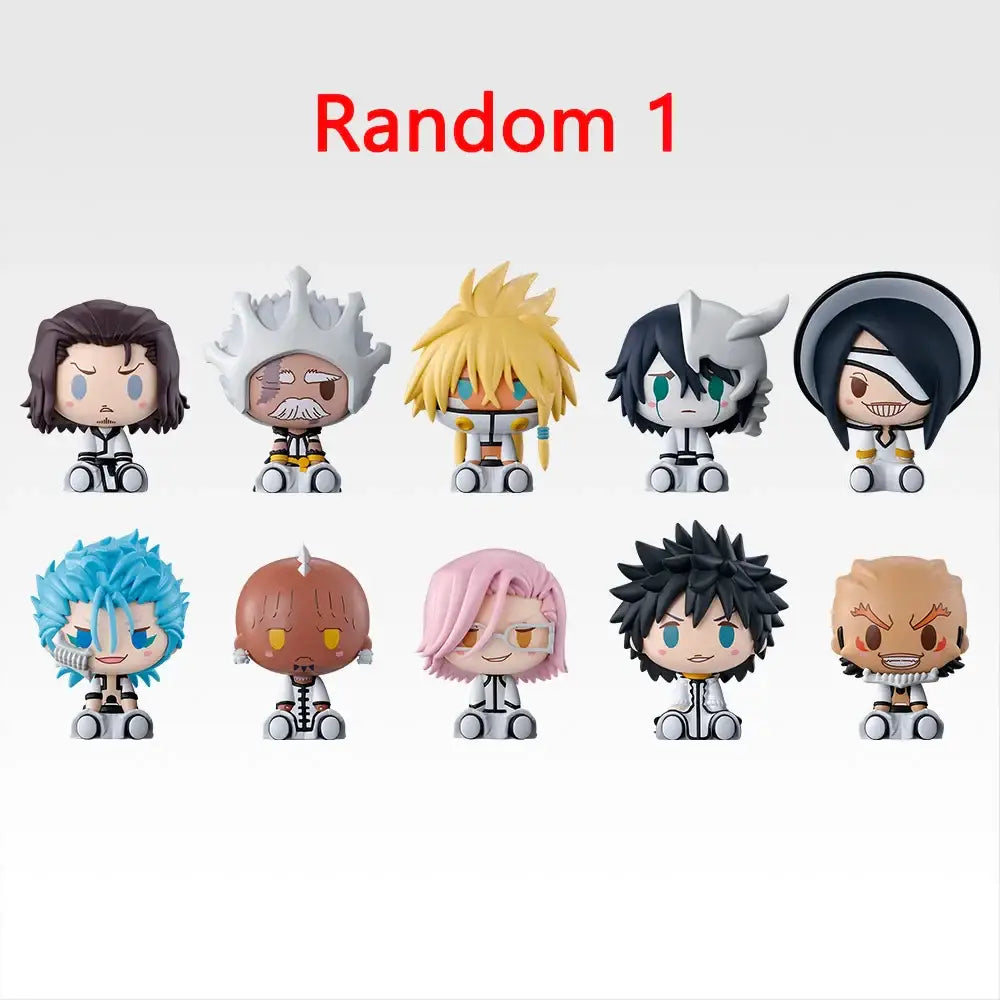 Set of ten chibi-style bleach ichiban kuji pvc figures with colorful hair and white uniforms by bandai ichiban kuji