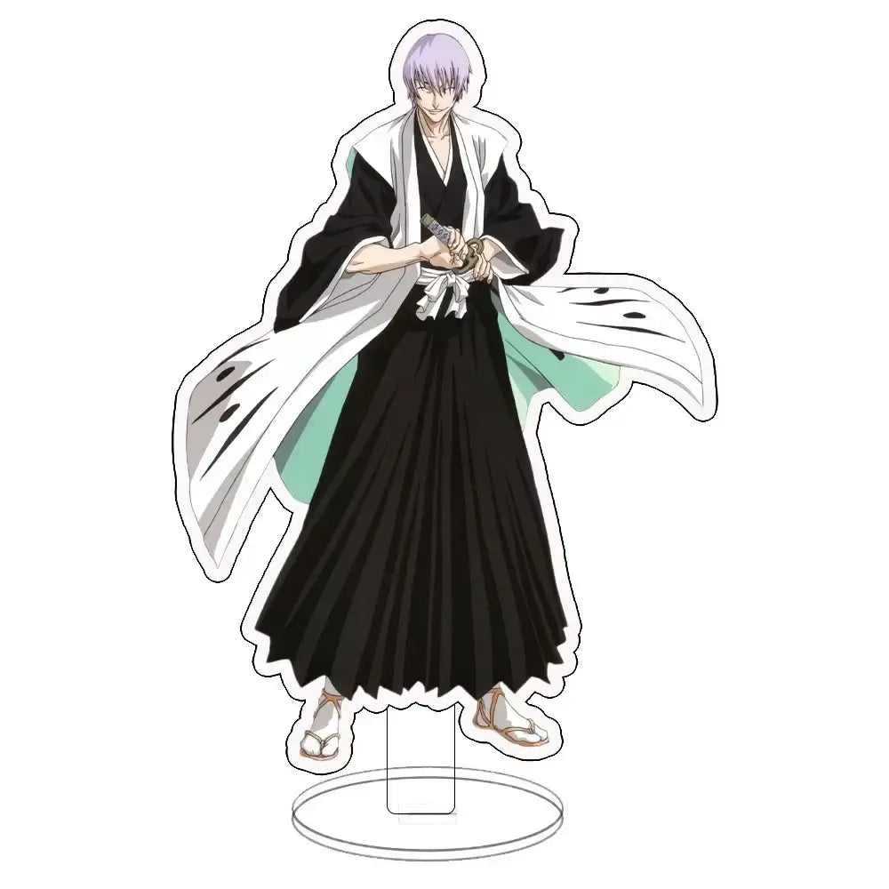 Bleach ichigo acrylic standee featuring a purple-haired anime character in a black white robe with green accents on acrylic base