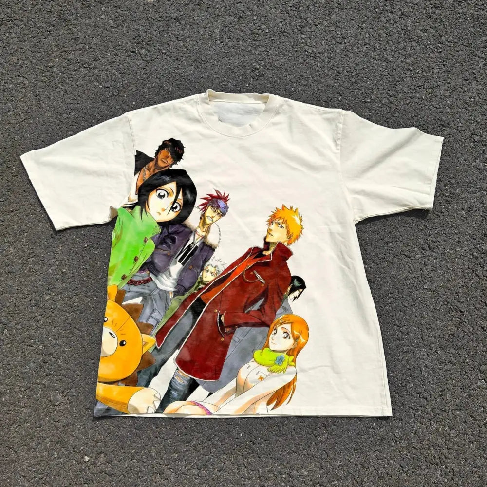 White cotton bleach ichigo kurosaki casual t-shirt with vibrant full-color anime character print unisex fit
