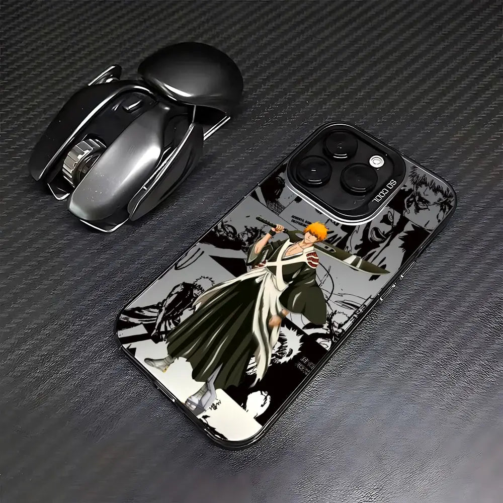 Black and white bleach ichigo phone case with orange-haired character design printed on glossy hard shell back side