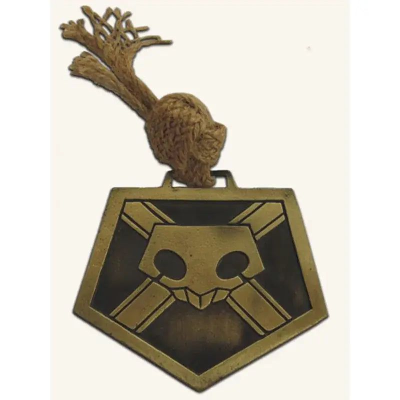 Bronze ichigo soul reaper metal badge with stylized skull crossed swords and hemp rope strap for cosplay license