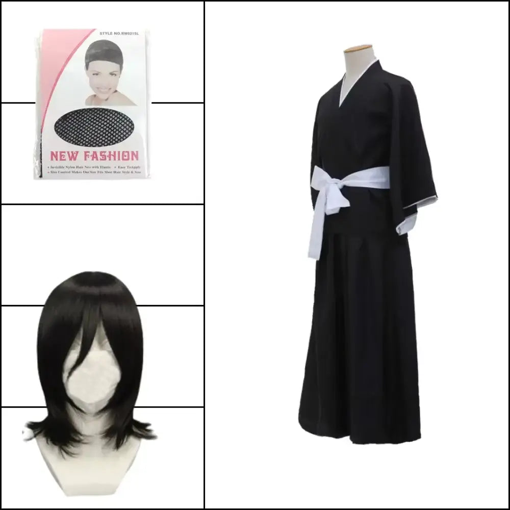 Black kimono-style rukia shinigami cosplay outfit with white obi belt and matching cuffs for shinigami cosplay use