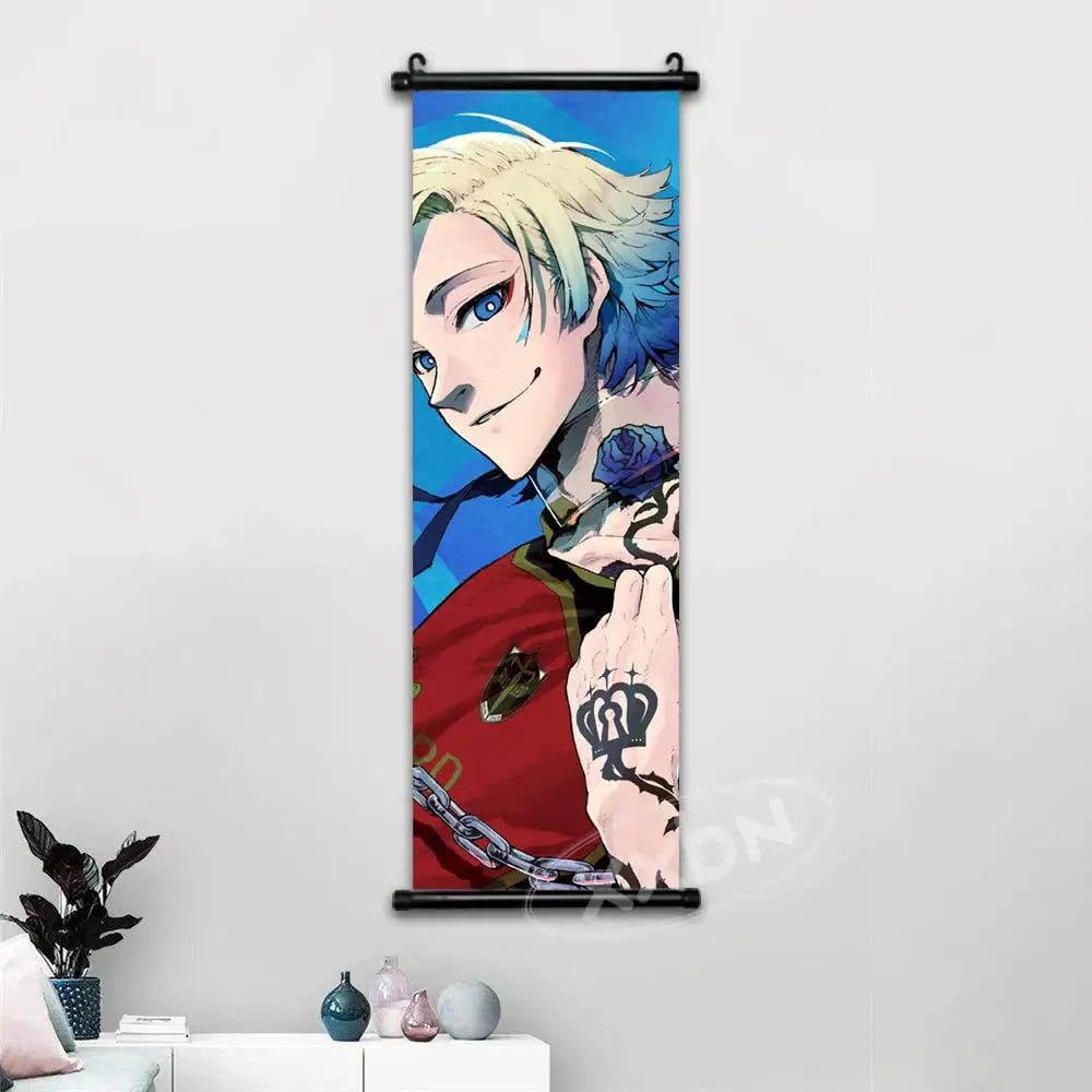 Blue lock isagi chigiri canvas scroll wall art featuring blonde figure in red holding blue rose on black roller hardware
