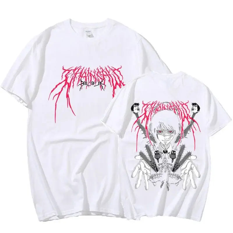 White cotton chainsaw man oversized t-shirt featuring anime character with white hair and red ink lettering for cotton comfort