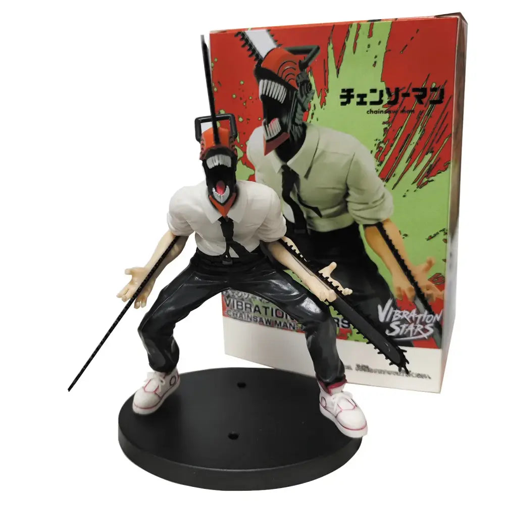 Chainsaw man denji pvc figure 18cm collectible wearing white shirt and black pants holding a red-accented chainsaw