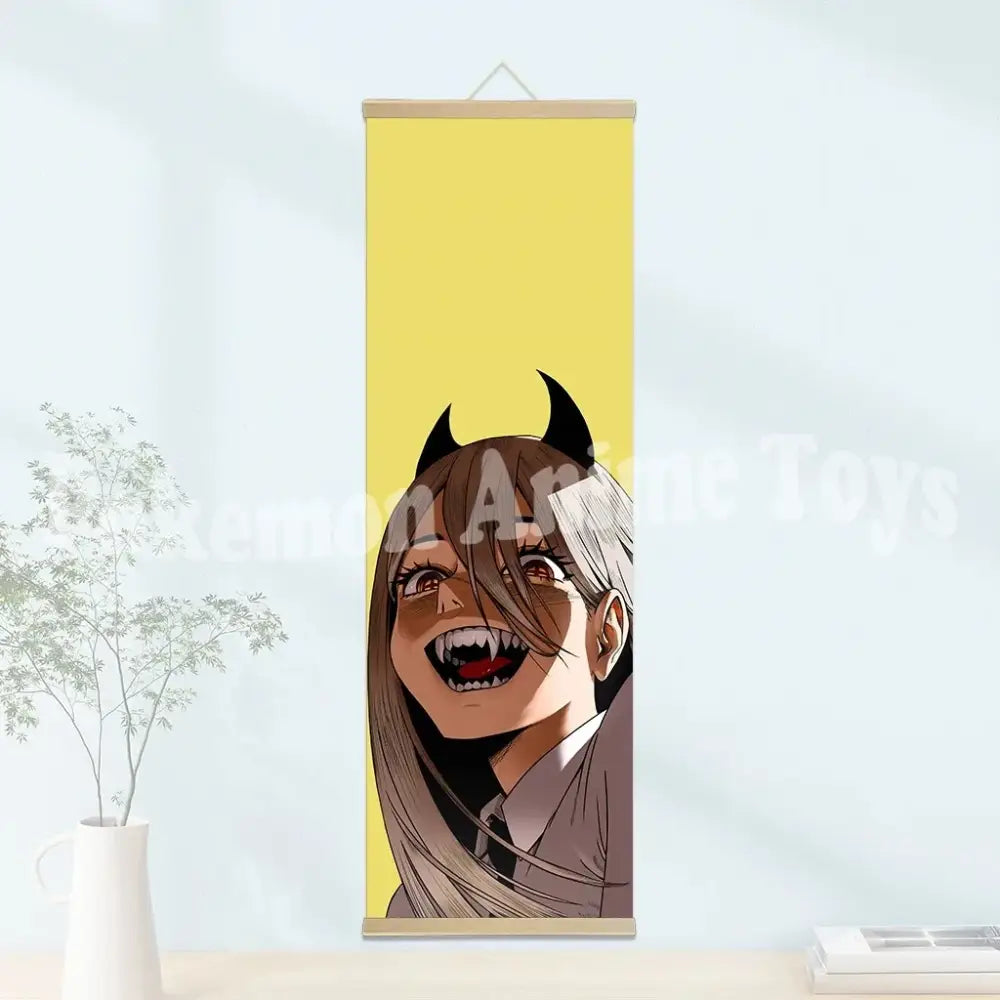Chainsaw man denji wooden-framed scroll poster with yellow character black horns on waterproof canvas