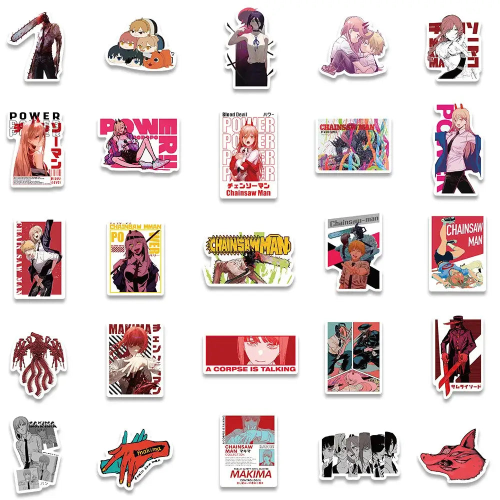 Chainsaw man denji sticker pack featuring vibrant anime vinyl decals in bold reds blacks and purples with dynamic designs