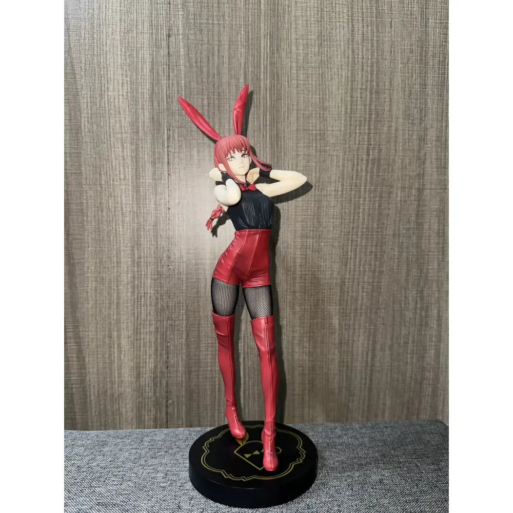 Chainsaw man makima bunny figure wearing red bunny ears black top red leather pants with mesh stockings on circular base