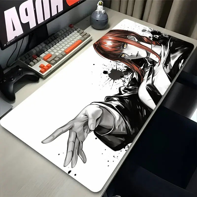 White rectangular chainsaw man makima mouse pad with black and white anime illustration and red hair accents