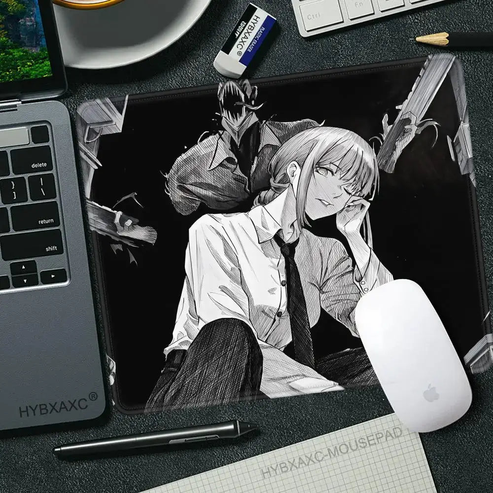 Black and white chainsaw man makima mouse pad with detailed anime characters in school uniforms non slip desk mat