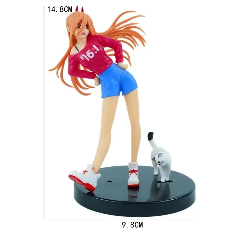 Chainsaw man makima pvc anime figure with orange hair red devil horns in pink top blue shorts on black base with white cat scene ornament design