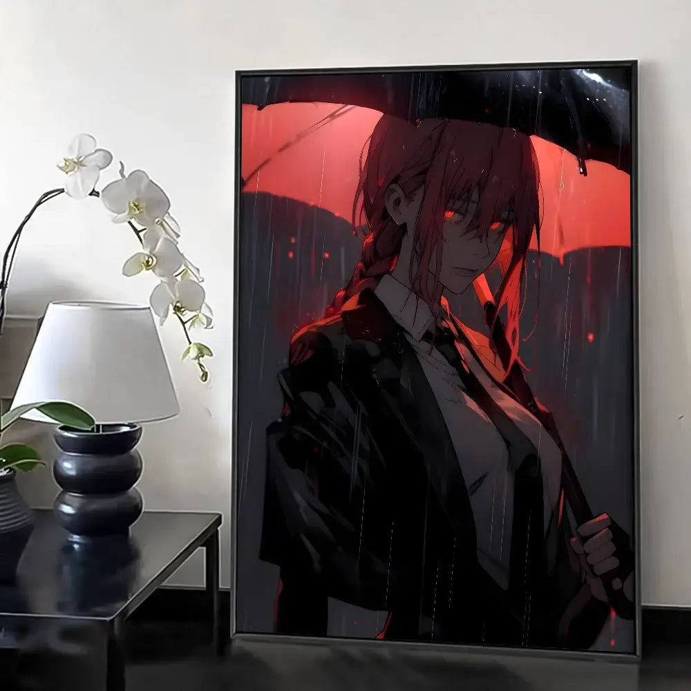 Black-framed chainsaw man makima wall poster featuring red-haired character with glowing eyes under umbrella in red background
