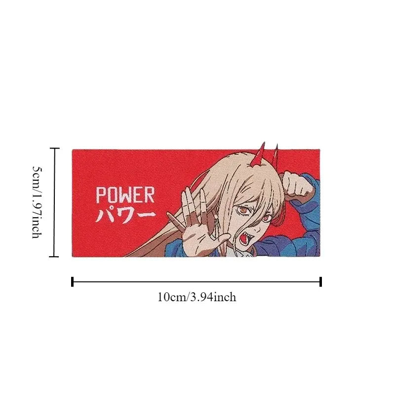 Red rectangular chainsaw man power embroidery patch with blonde anime character and hook-and-loop backing