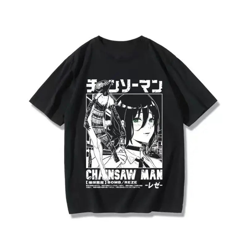 Black short-sleeved chainsaw man t-shirt with white anime graphic print and character names y2k oversized tee